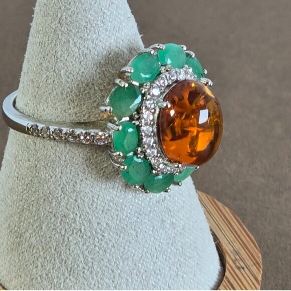 925 Sterling Silver Ring with Natural Amber & Emerald Gemstones - Picture 9 of 15
